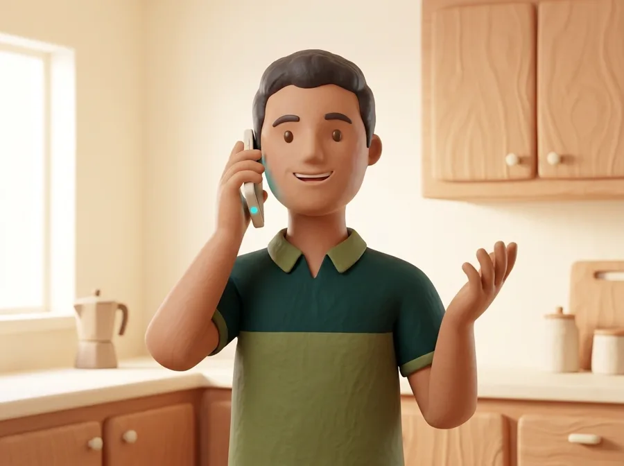 Un cliente al telefono nella sua cucina, in stile 3D