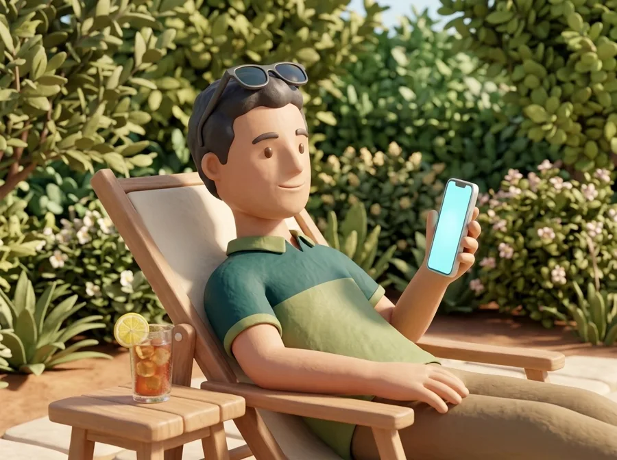Il titolare rilassato in giardino guarda la notifica sul telefono